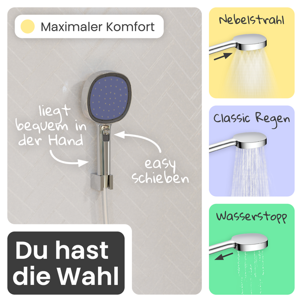 Handbrause mit Schieberegler am Griff zur Auswahl von drei Strahlarten: Nebelstrahl, klassischer Regenstrahl und Wasserstopp.