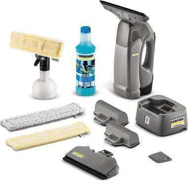 Kärcher Fenstersauger Set mit Reinigungsmittel, Sprühflasche, Wischtüchern und Ladestation