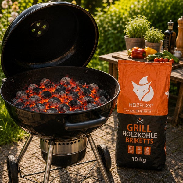 Runder schwarzer Holzkohlegrill mit glühenden Briketts neben einem 10 Kilogramm Sack Heizfuxx Grill Holzkohle Briketts im Garten.