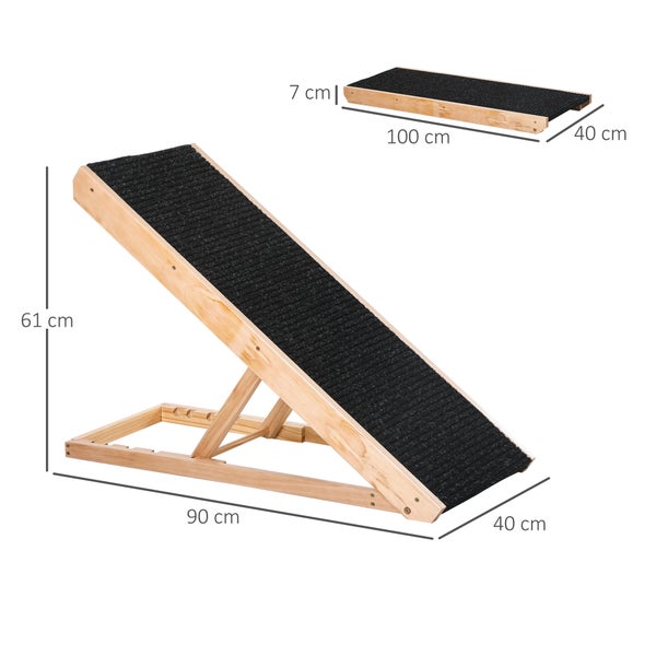 PawHut Haustierrampe mit rutschfestem Teppich verstellbarer Haustierleiter Hunderampe für großen Hund Kiefernholz Polyester Schwarz+Naturholz 90B x 40T x 61H cm