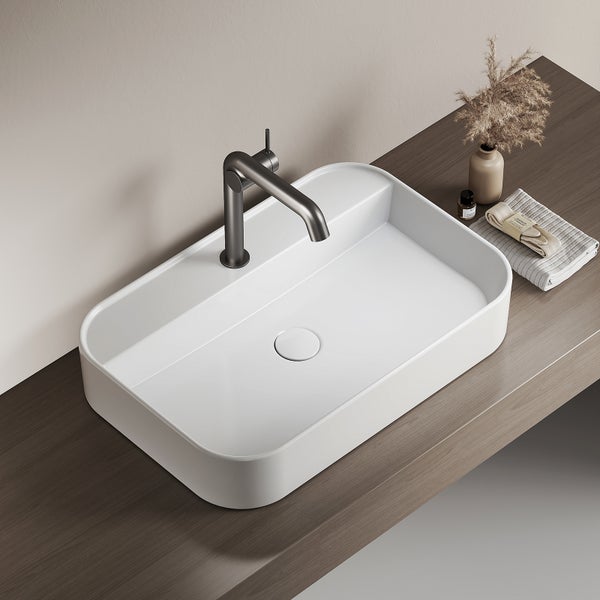 EMKE Aufsatzwaschbecken 600x400 mm, Keramik, Eckiger Waschtisch mit Hahnloch, Pflegeleicht, für Wand- oder Aufsatzmontage, Glänzend Weiß, für Badezimmer