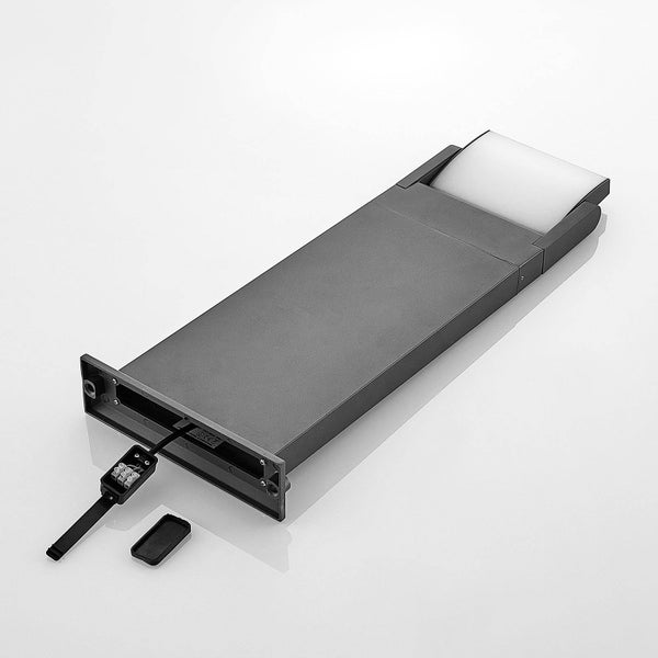 Moderne rechteckige Außenwandleuchte in Anthrazit mit weißem Diffusor und Anschlussklemme.