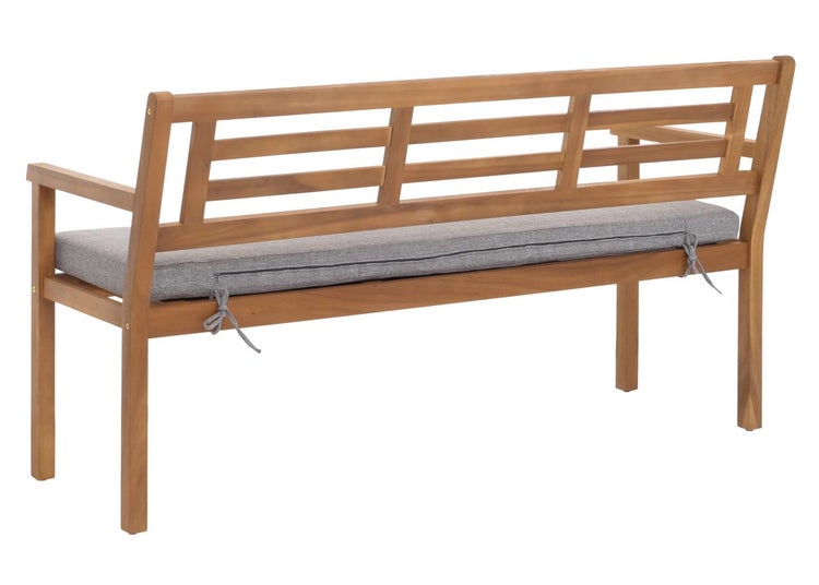Gartenbank aus Holz mit grauer Sitzauflage, Rückenlehne mit Querstreben.