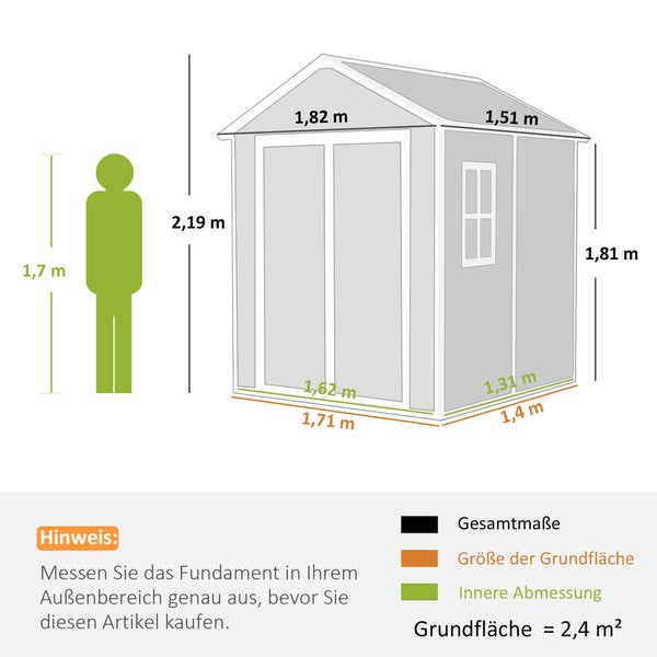 Zwei Handwerker montieren ein Metallgartenhaus auf einer Terrasse mit Hinweisen zu Montageschritten, Arbeitssicherheit und benötigtem Werkzeug.