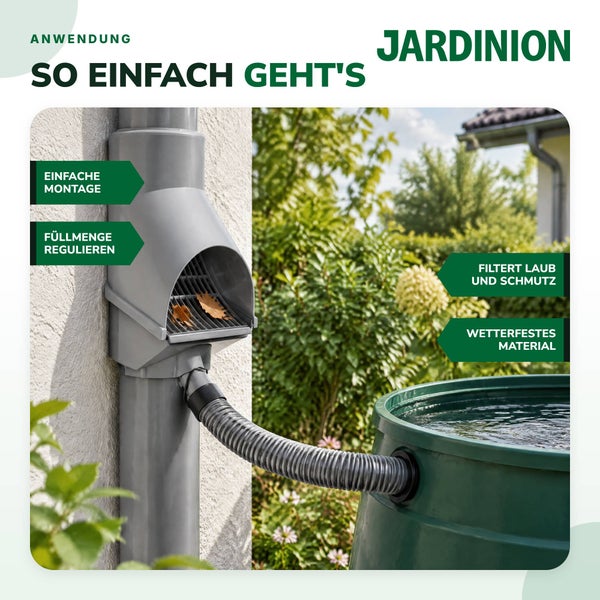 Regenwasserfilter und Füllautomat von Jardinion für Fallrohre zur einfachen Montage mit Laubabscheider und Schlauchanschluss zur Regentonne.