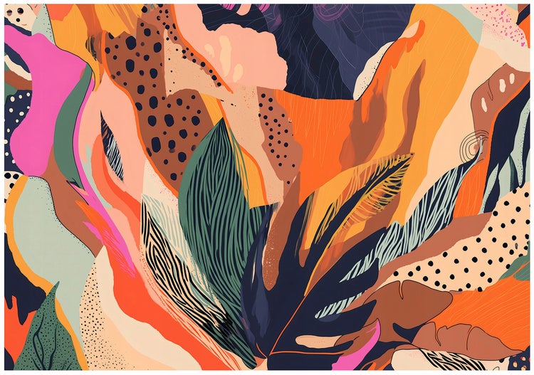 Abstraktes Muster mit floralen Elementen und Punkten