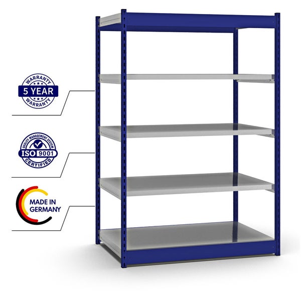 PROREGAL Fachbodenregal Stecksystem Vierkant-Profil Grundregal HxBxT 200 x 132,5 x 80 cm 5 Ebenen Einseitige Bauart Fachlast 200 kg Enzianblau