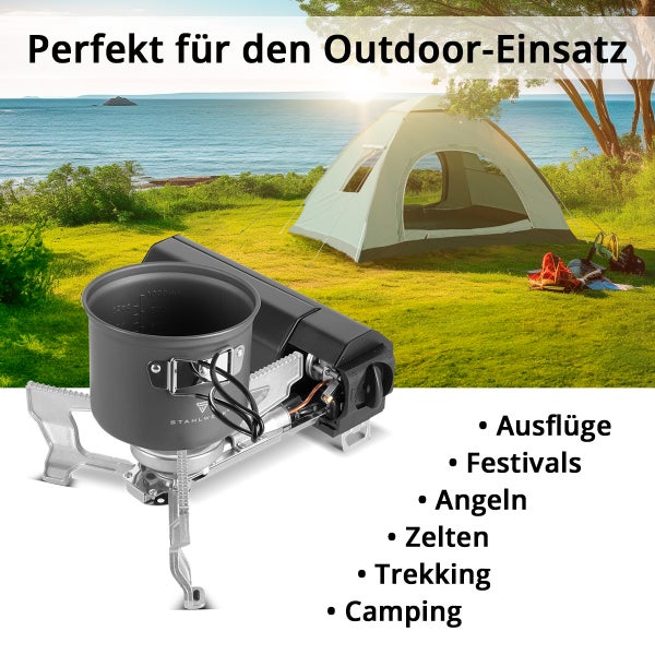 Outdoor Kocherset mit Gaskocher und Topf vor Zelt