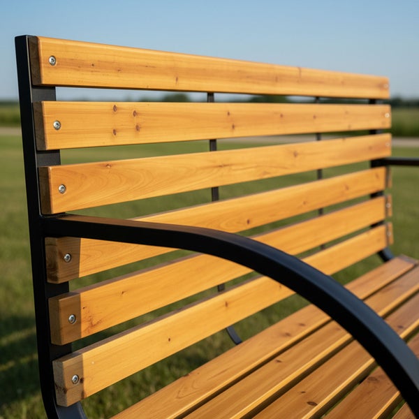 Moderne Gartenbank aus Holzlamellen und schwarzem Metallgestell, geeignet für Balkon, Terrasse und Garten.