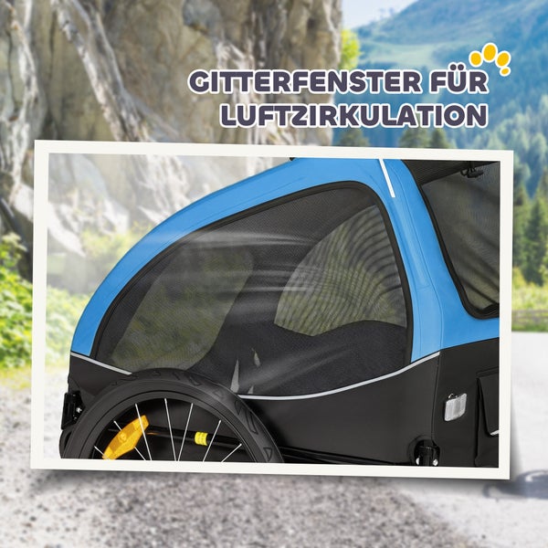 Hundeanhänger mit großem Gitterfenster für optimale Luftzirkulation.