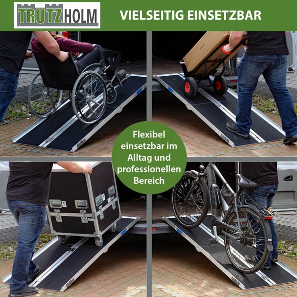 Mehrfachansicht einer Trutzholm Rollstuhlrampe im Einsatz mit Rollstuhl, Sackkarre, Transportkiste und Fahrrad.