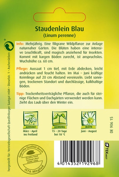 Rückseite der Saatgutpackung Staudenlein Blau Linum perenne mit Informationen zu Aussaat, Keimung, Blütezeit und Pflege.