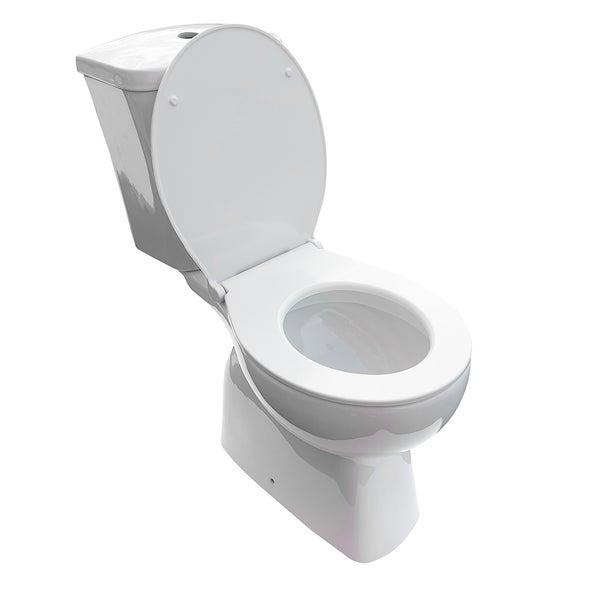Bodenstehendes WC-Set bestehend aus WC-Becken, Spülkasten und geöffnetem WC-Sitz aus Keramik.