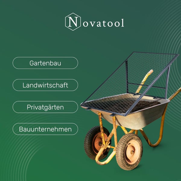 Novatool Logo und Durchwurfsieb für Schubkarren zur Anwendung in Gartenbau, Landwirtschaft, Privatgärten und Bauunternehmen.