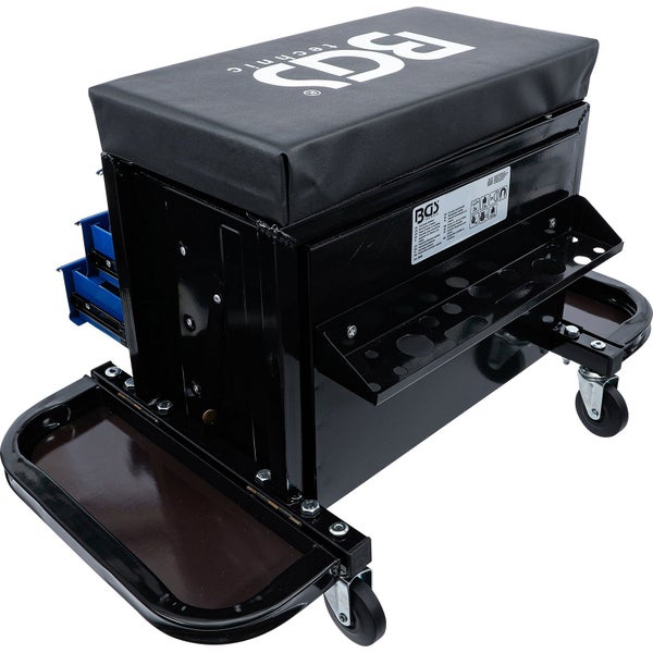 Werkstatthocker mit Rollen, Schubladen und Ablageflächen