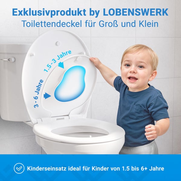 Weißer Familien-Toilettendeckel mit integriertem Kinder-WC-Sitz für Kinder von 1,5 bis über 6 Jahre, gezeigt mit einem Kind.