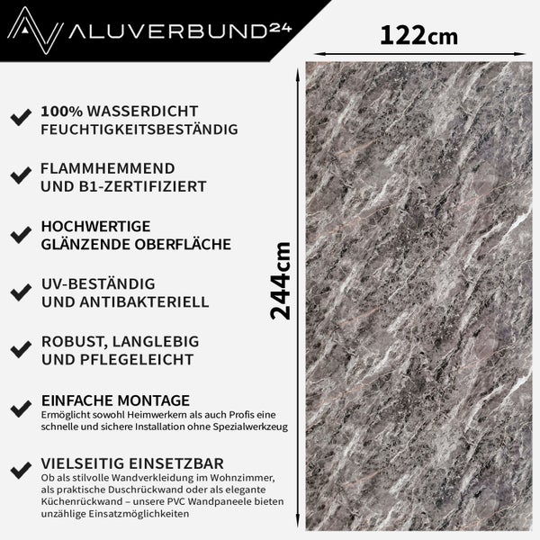 PVC-Wandpaneel in Marmoroptik, 122 mal 244 Zentimeter. Wasserdicht, UV-beständig und flammhemmend. Aluverbund24 Logo.