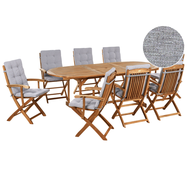 Dimensionszeichnung für Gartentischgruppe mit acht Stühlen und Auflagen