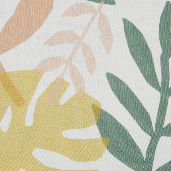 Detailansicht eines Textilstoffes mit botanischem Blattmuster in verschiedenen Formen.