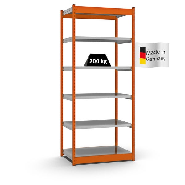 PROREGAL Fachbodenregal Stecksystem Vierkant-Profil Grundregal HxBxT 250 x 102,5 x 60 cm 6 Ebenen Einseitige Bauart Fachlast 200 kg Orange