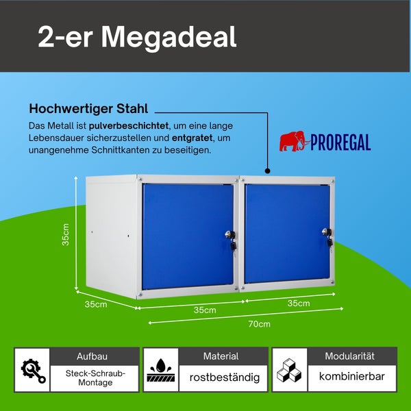 Zwei Schließfachwürfel aus pulverbeschichtetem Stahl, je 35 mal 35 mal 35 Zentimeter, abschließbar, rostbeständig und modular kombinierbar.