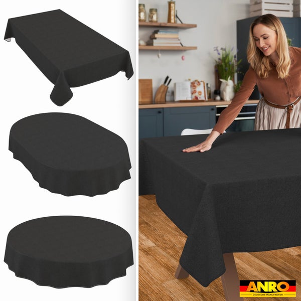 Abwaschbare Tischdecke in eckiger, ovaler und runder Form, ANRO Logo, Frau deckt einen Tisch in einer hellen, modernen Küche.