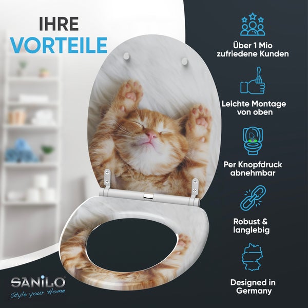 Sanilo WC-Sitz mit Kätzchen-Motiv. Merkmale: einfache Montage von oben, per Knopfdruck abnehmbar, robust, langlebig, deutsches Design. Sanilo Logo.