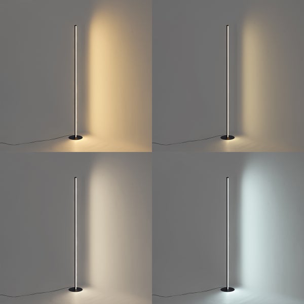 Minimalistische LED-Stehleuchte in Stabform mit rundem Standfuß, Darstellung von vier verschiedenen Farbtemperaturen von Warmweiß bis Kaltweiß.