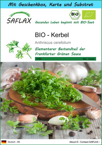 SAFLAX Geschenk Set - BIO - Kerbel - Anthriscus cerefolium - 800 Samen - Mit Geschenkbox, Versandaufkleber, Geschenkkarte und Anzuchtsubstrat