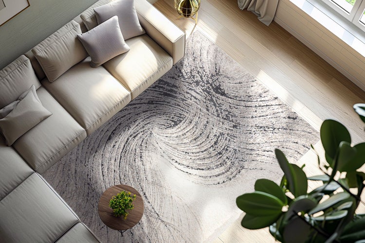 Wohnzimmer mit Ecksofa und modernem Teppich mit Wirbelmuster auf Holzboden in hell gestaltetem Innenraum mit Pflanze