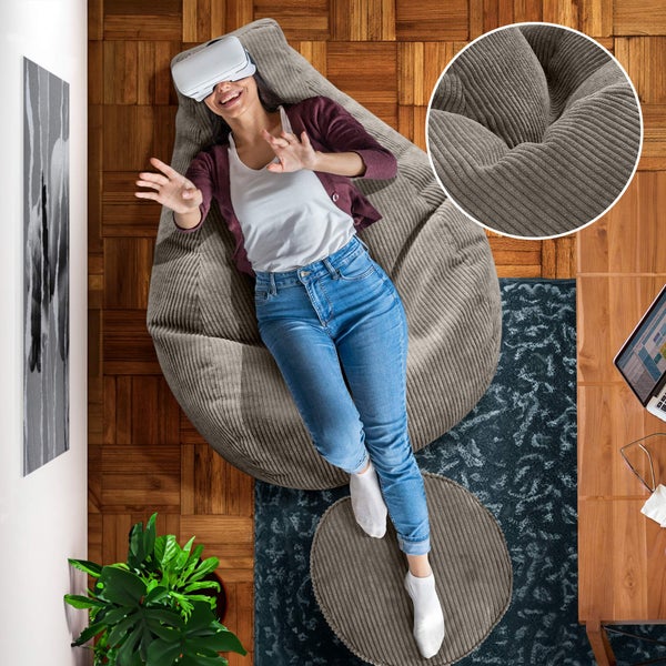 Green Bean Sitzsack mit Hocker aus Cord - Sitzsäcke für das Wohnzimmer, Schlafzimmer, Sitzsack-Sessel für Erwachsene Dunkelgrau