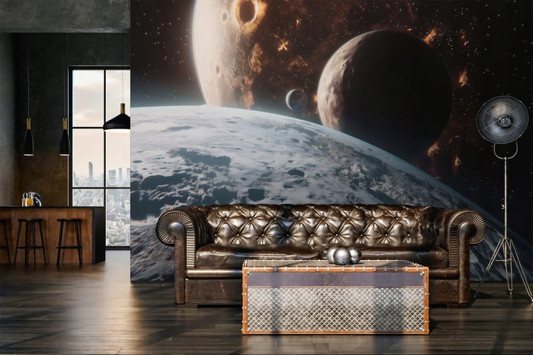 Wohnzimmer mit Ledersofa, Couchtisch und Wandbild mit Weltraummotiv