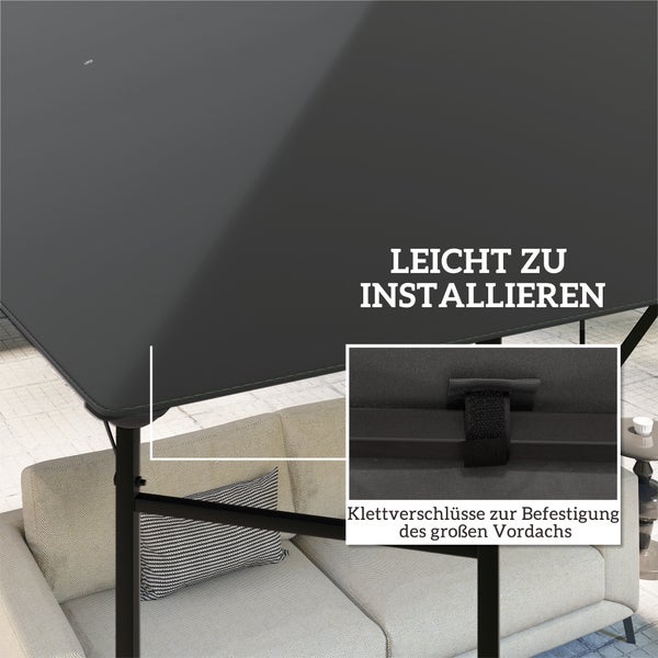 Sonnenschutz-Vordach für Gartenlounge mit Klettverschlüssen zur einfachen Befestigung am Gestell über dem Sofa.