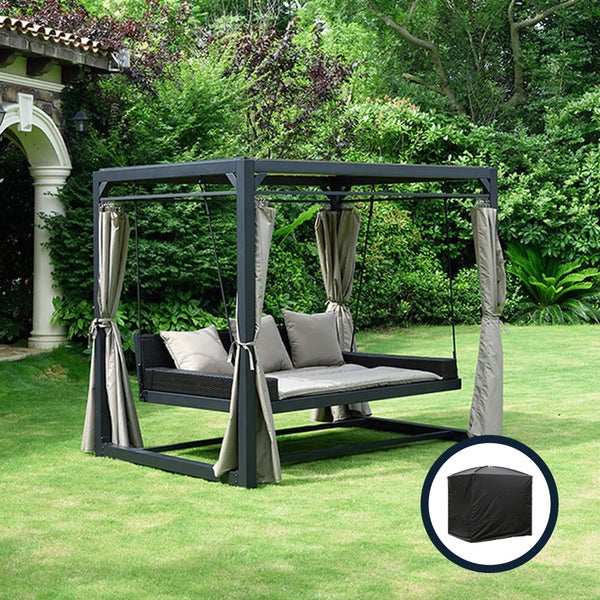 Home Deluxe - Gartenliege - PROVENCE inkl. Abdeckung, Maße: ca. 236 x 180 x 210 cm, Schwebendes Rattanbett inkl. Vorhänge und Schiebedach I Hollywoodschaukel Sonnenliege Schaukelliege