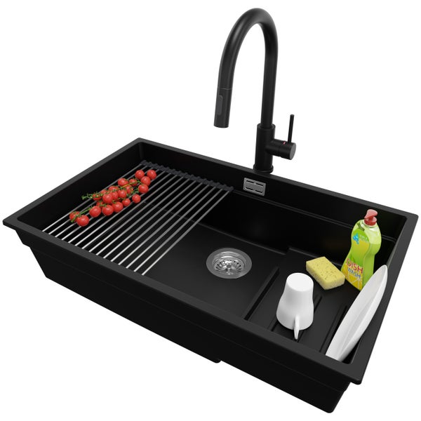 PRIMAGRAN Unterbauspüle Granit Schwarz 76x47cm, Spülbecken 1 Becken + Küchenarmatur 40x20cm + Ablauf-Set + Aufrollbare Abtropffläche, Granitspüle ab 80er Unterschrank - Praga