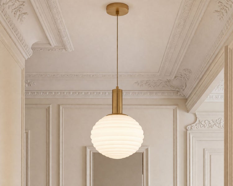 Pendelleuchte mit rundem Schirm aus weißem, geripptem Glas und messingfarbenem Metall in einem hellen Raum mit Stuckverzierungen.