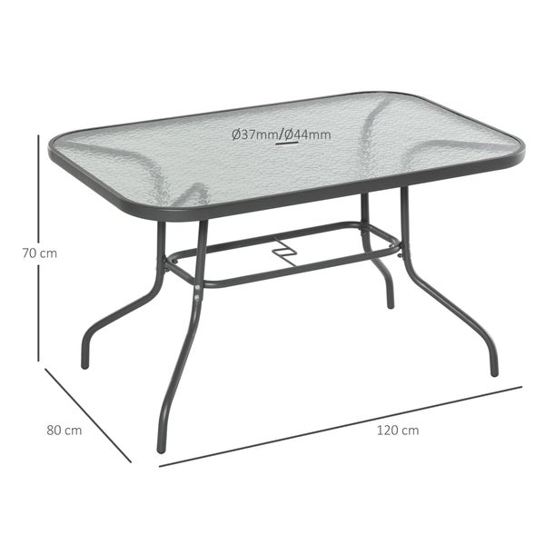 Outsunny Gartentisch, Bistrotisch mit Glasplatte, Schirmloch, 120 x 80 x 70 cm, Hartglas + Metall, Carbongrau