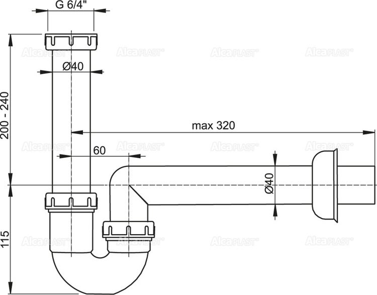 Technische Zeichnung eines Röhrensiphons mit den Abmessungen 40 Millimeter Durchmesser und Alcaplast Logo.