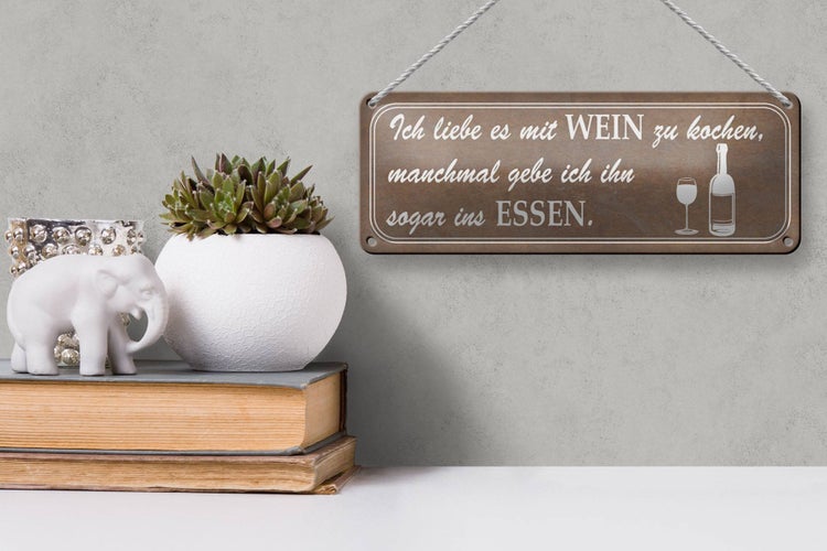 Blechschild Spruch 27x10cm ich liebe es mit Wein zu kochen Dekoration