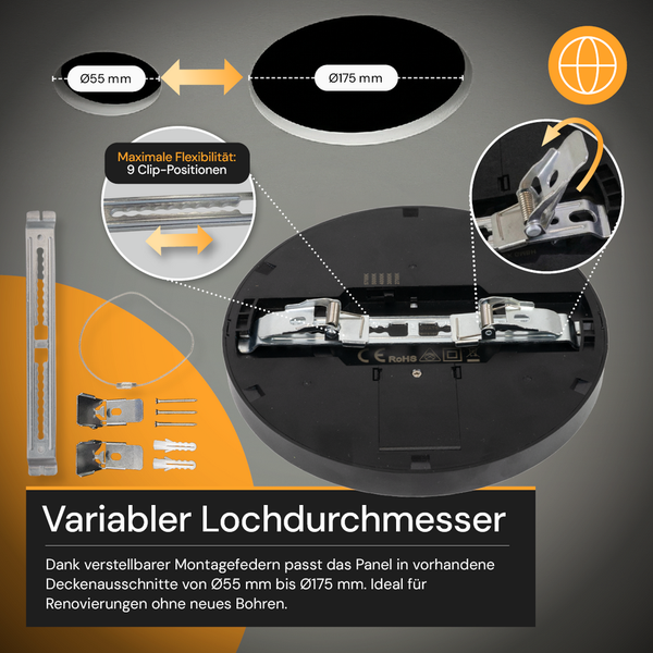 LED-Panel mit variabel einstellbaren Montagefedern für Deckenausschnitte von 55 bis 175 Millimeter inklusive Montagematerial.