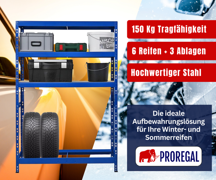 Blaues Reifenregal aus Stahl für 6 Reifen und 3 Ablageböden, 150 Kilogramm Tragkraft pro Boden, Proregal Logo.