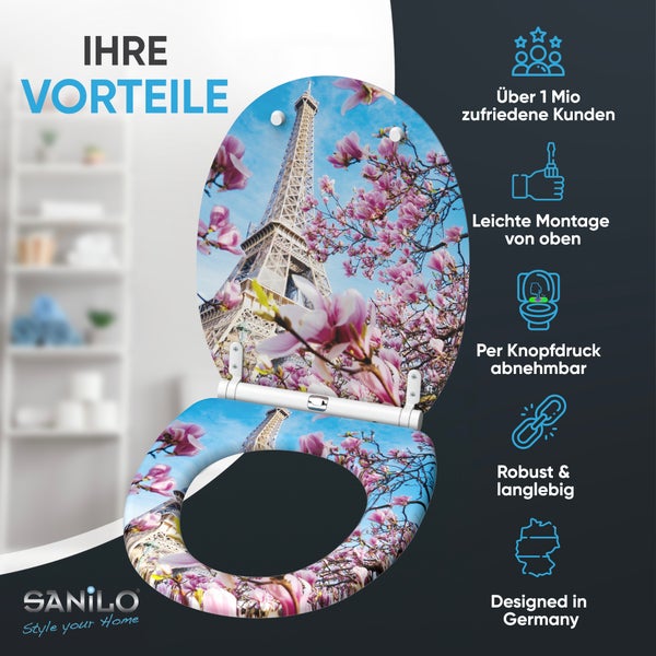 Sanilo WC Sitz mit Eiffelturm Motiv und Magnolienblüten inklusive Montagevorteilen und Produktmerkmalen auf einen Blick.