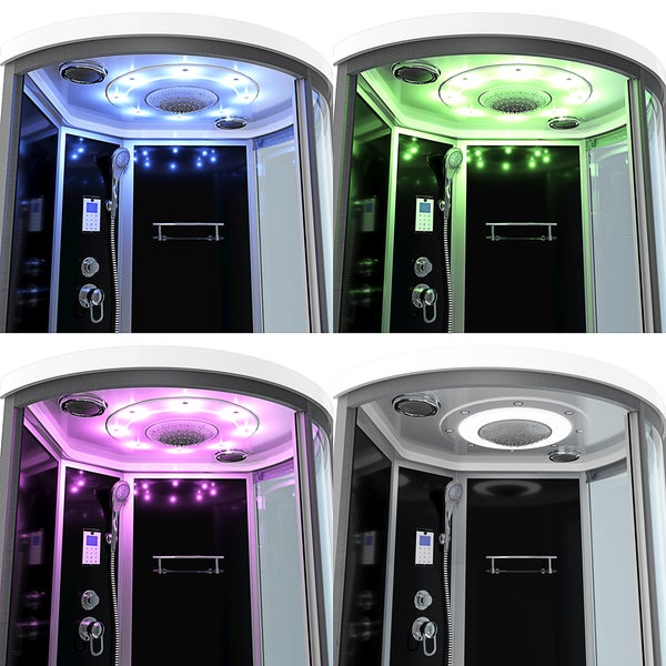 Moderne Duschkabine mit integrierter Deckenregendusche, Handbrause, digitalem Bedienfeld und verstellbarer Beleuchtung für Farblichttherapie.