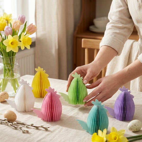 Person dekoriert Ostertisch mit faltbaren Papierhühnern, Frühlingsblumen und Ostereiern.