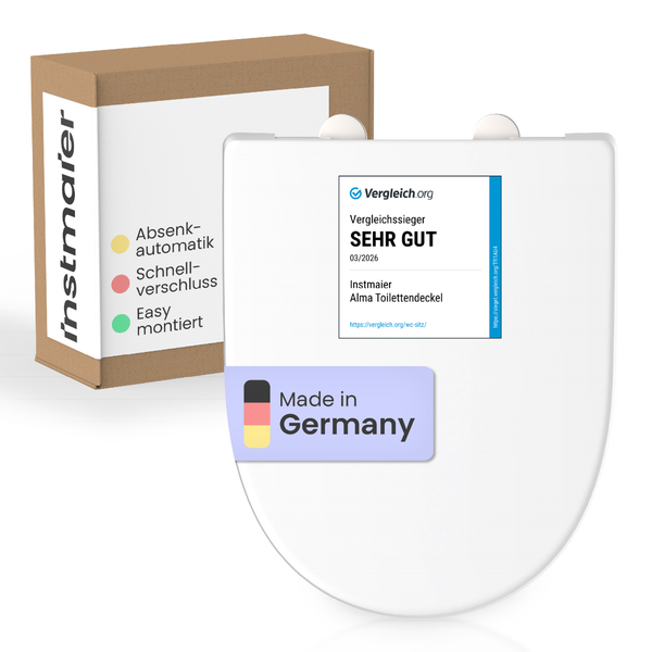 Instmaier Alma WC-Sitz in Weiß mit Absenkautomatik und Schnellverschluss, Made in Germany, inklusive Verpackung und Vergleichssieger Siegel.