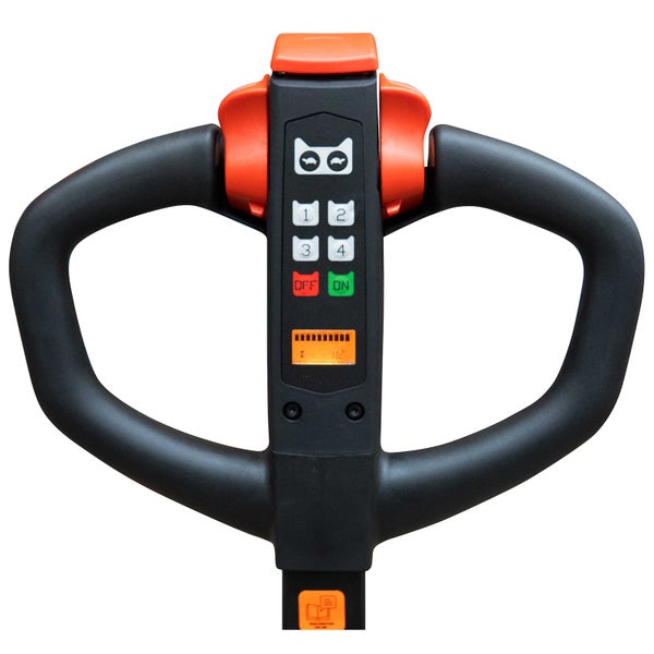 Deichselgriff eines elektrischen Hubwagens mit Funktionstasten, Ziffernblock, Ein- und Ausschalter sowie digitalem Display.