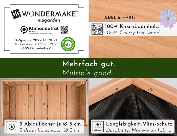 WONDERMAKE - Premium Hochbeet aus Kirschbaum Holz groß für Garten Balkon Terrasse, Pflanzkasten Bausatz XL hochwertig rechteckig mit Vlies-Folie, Kräuterbeet Pflanzenkasten deko, braun