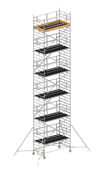 Hohes Gerüst mit mehreren Ebenen und Rädern
