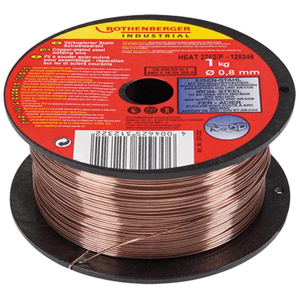 Rothenberger Industrial verkupferter Stahlschweißdraht auf Spule, 1 Kilogramm, 0,8 Millimeter Durchmesser, für MIG/MAG Schweißverfahren.