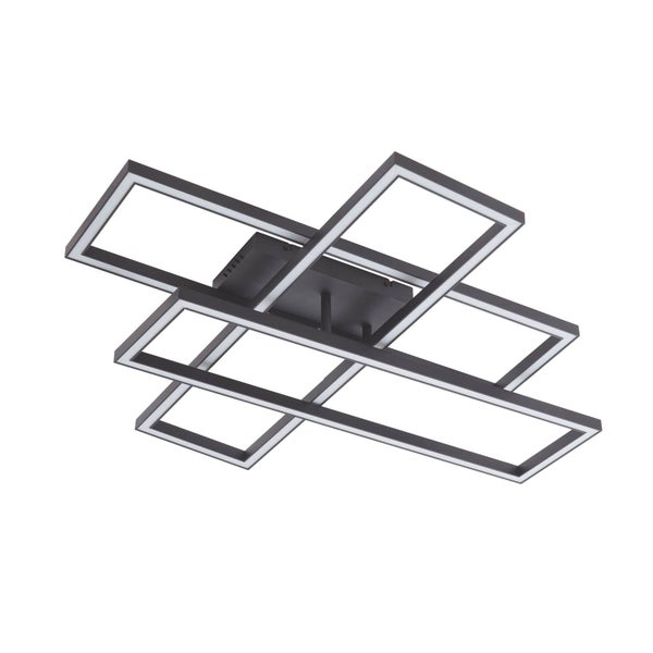 Moderne LED-Deckenleuchte mit mehreren überlappenden rechteckigen Metallrahmen in Schwarz.